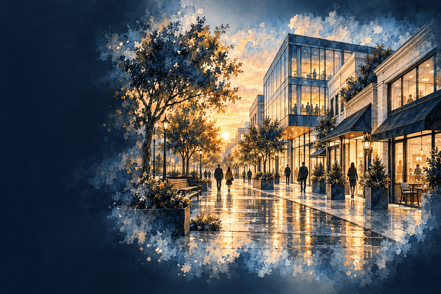 Watercolor offices and storefronts in a business district at dusk